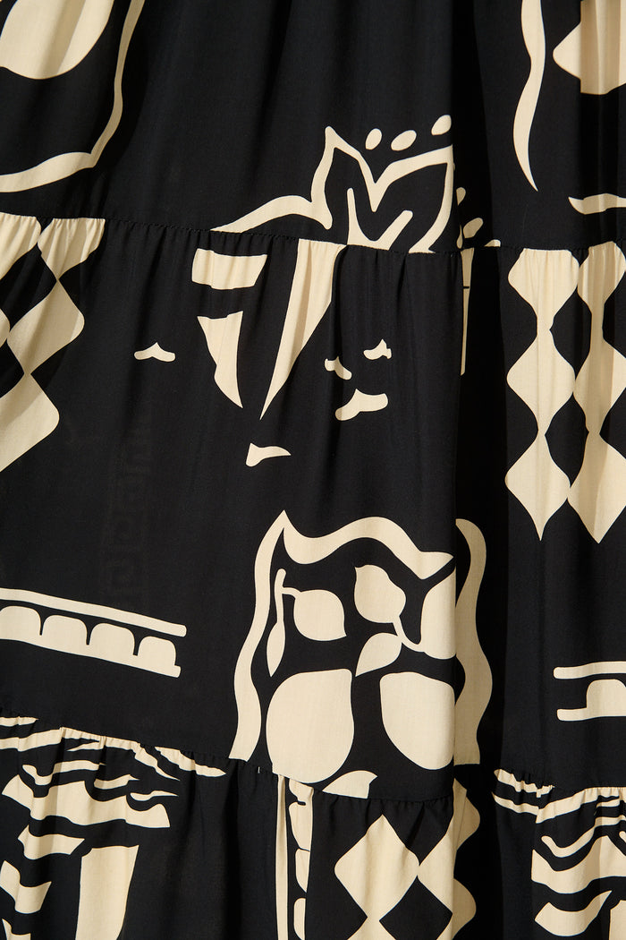 Layana Midi Dress in Black with White Print fabric