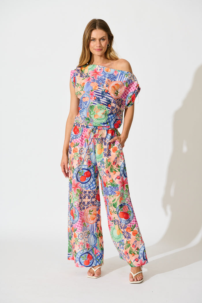 Romeo Pant in Multi Fruit Patchwork Linen Blend full length set