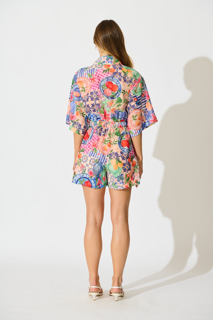 Fruit Crush Playsuit in Multi Fruit Patchwork Linen Blend back