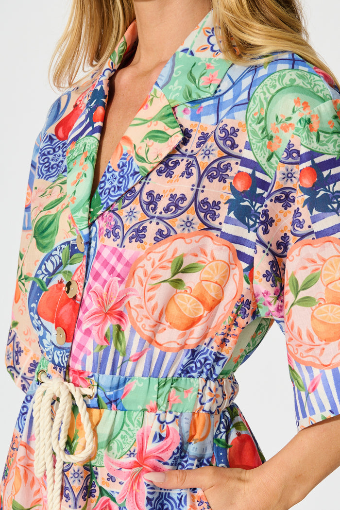 Fruit Crush Playsuit in Multi Fruit Patchwork Linen Blend detail