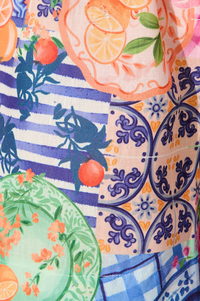 Fruit Crush Playsuit in Multi Fruit Patchwork Linen Blend fabric