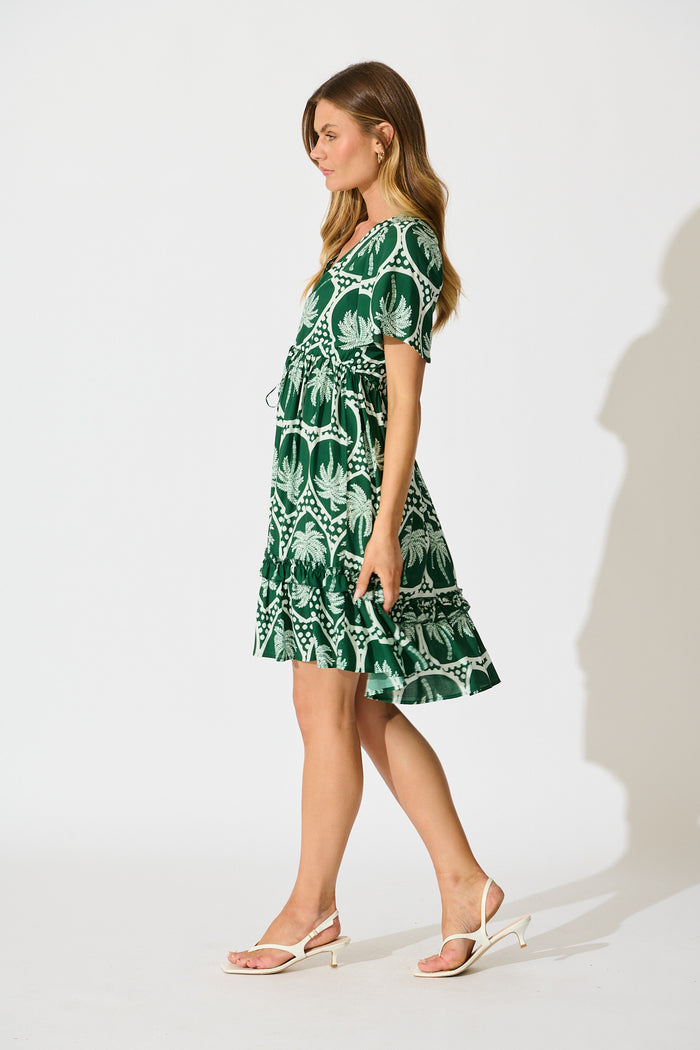 Tiley Dress in Green Palm Tree Tiles Print side