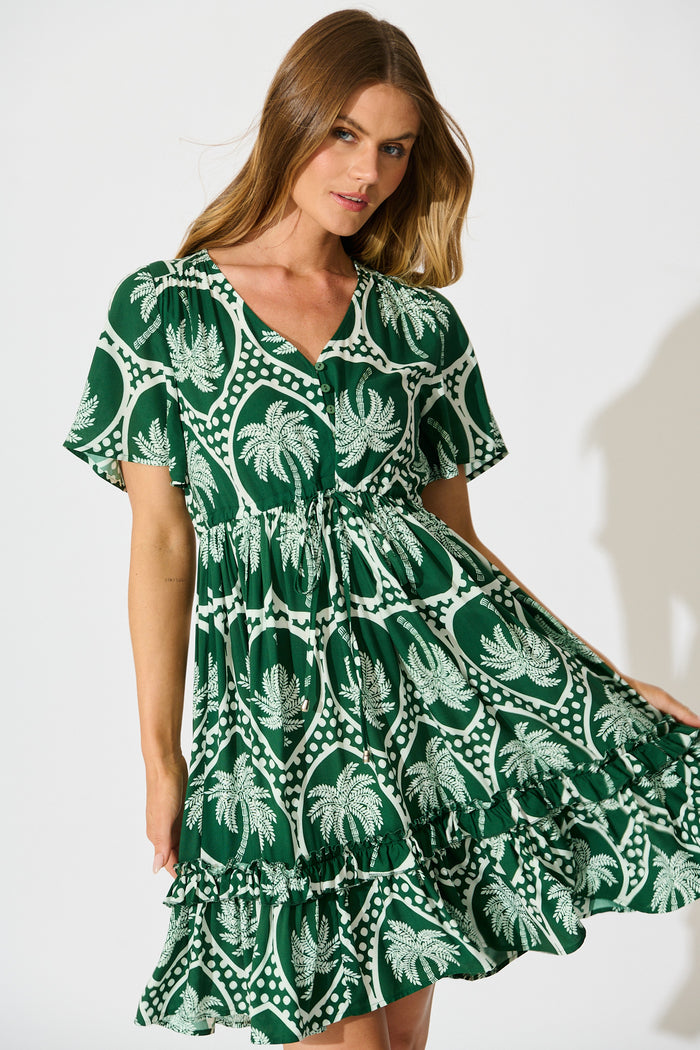 Tiley Dress in Green Palm Tree Tiles Print front
