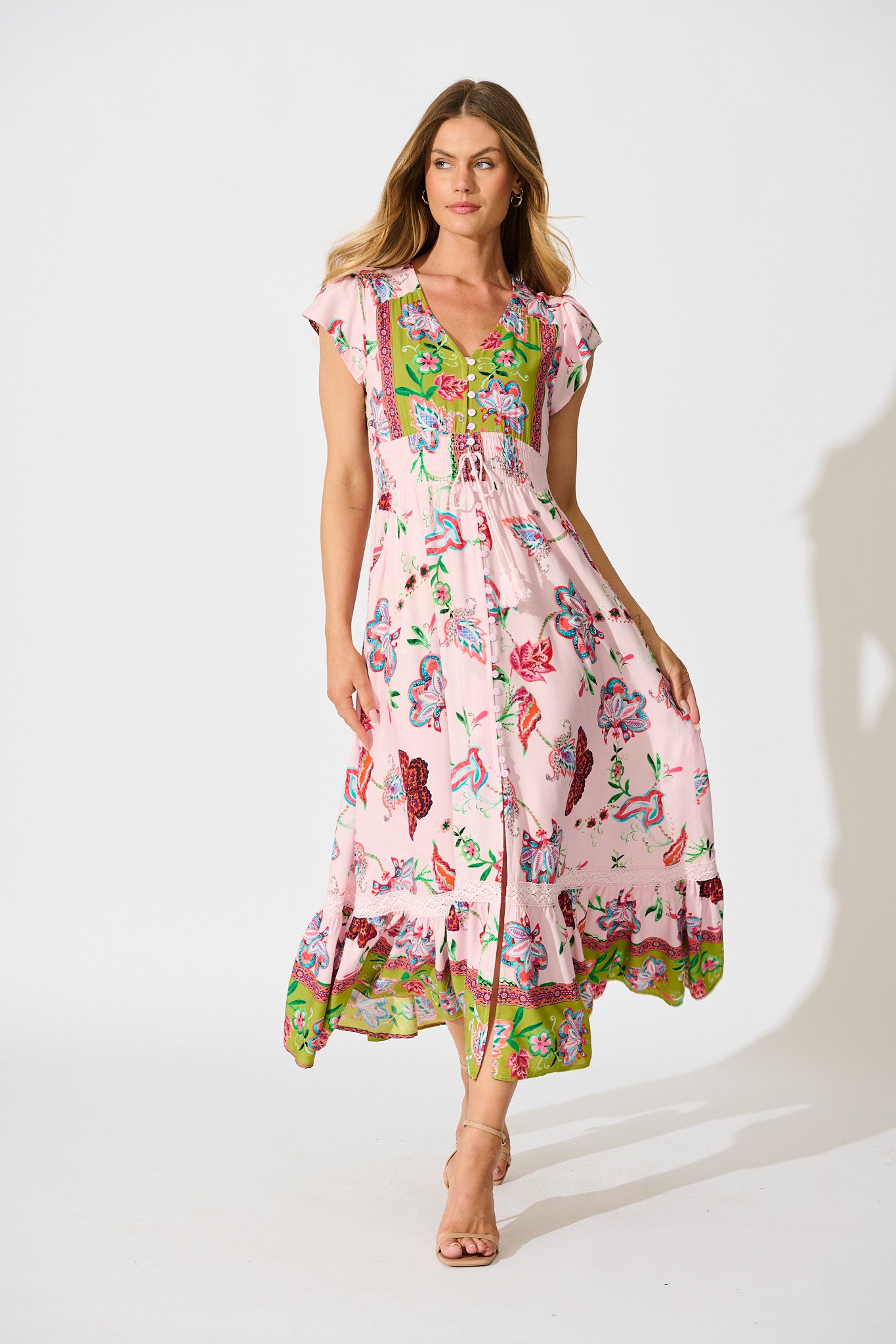Lyanna Midi Dress in Pink Multi Boho Print full length