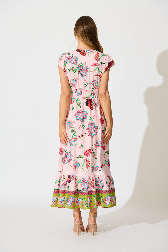 Lyanna Midi Dress in Pink Multi Boho Print back