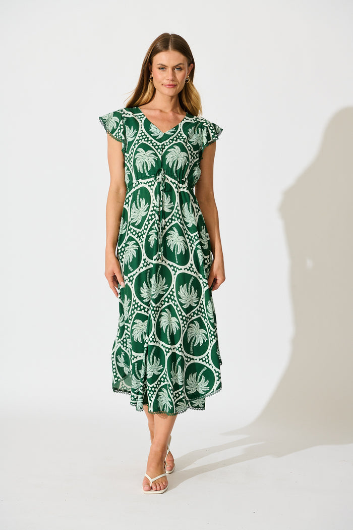 Atana Midi Dress in Green Palm Tree Tiles Print full length