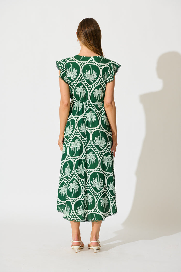 Atana Midi Dress in Green Palm Tree Tiles Print back