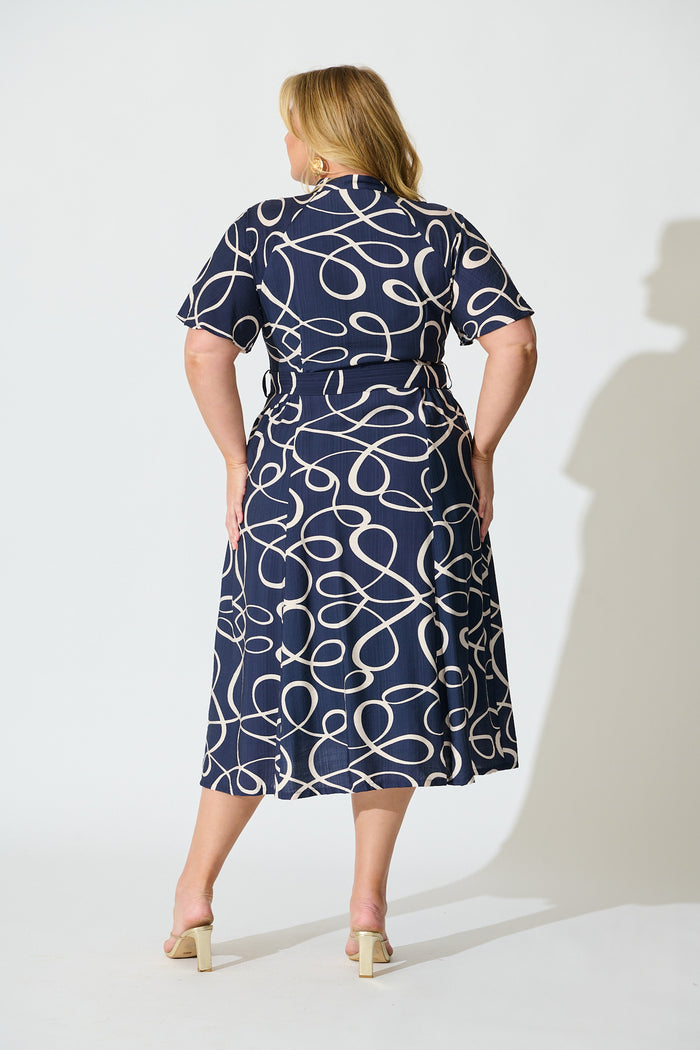 Fergie Midi Dress in Navy Geometric Print back