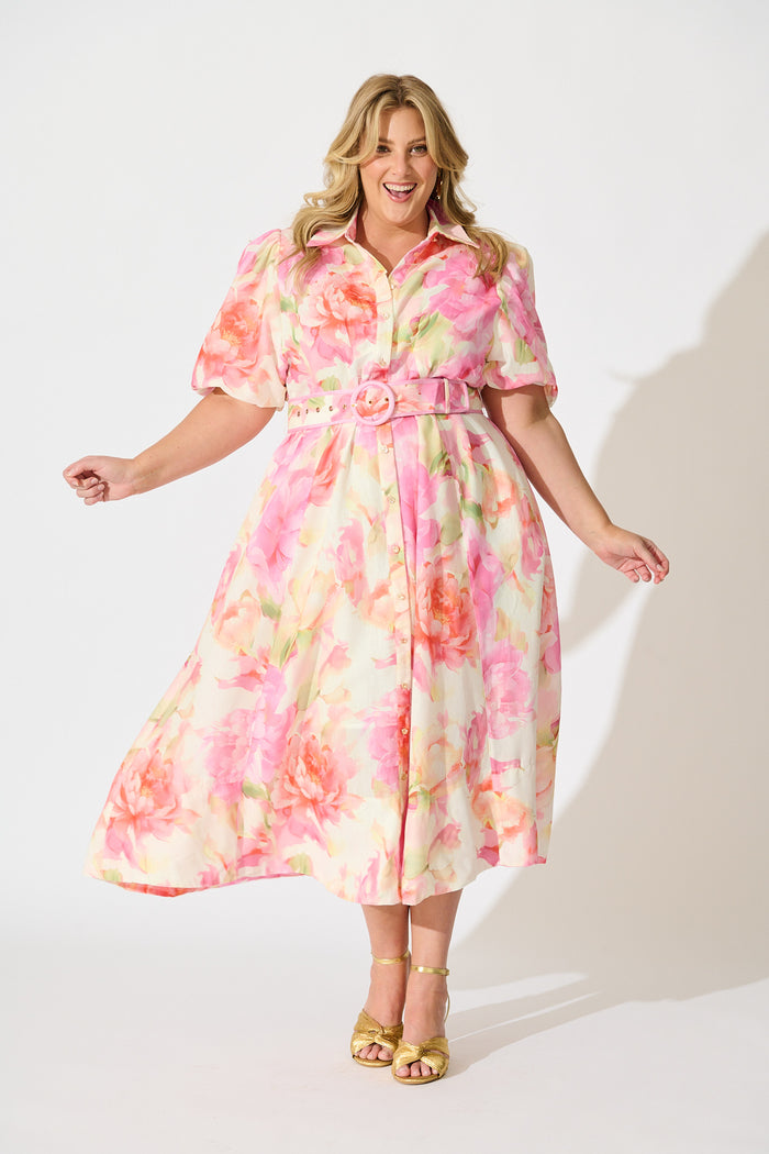 PRE ORDER Sunset Bouquet Maxi Shirt Dress in Pink Multi Floral Linen Blend curve