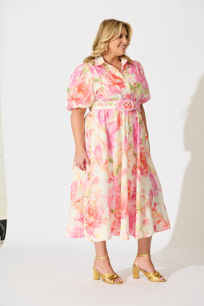PRE ORDER Sunset Bouquet Maxi Shirt Dress in Pink Multi Floral Linen Blend side