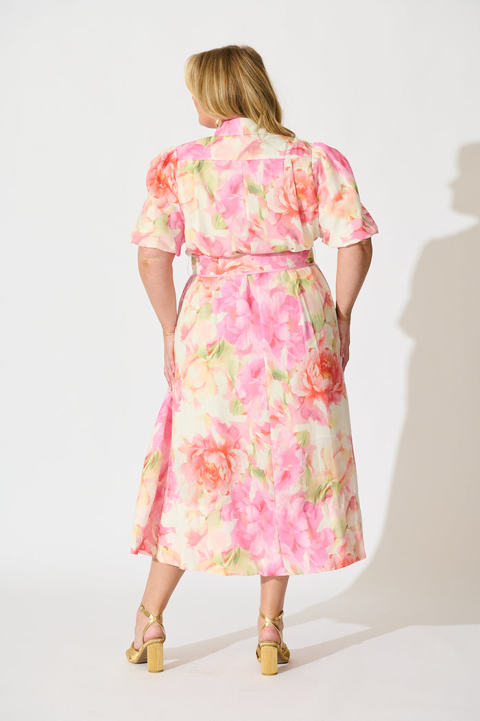 PRE ORDER Sunset Bouquet Maxi Shirt Dress in Pink Multi Floral Linen Blend back