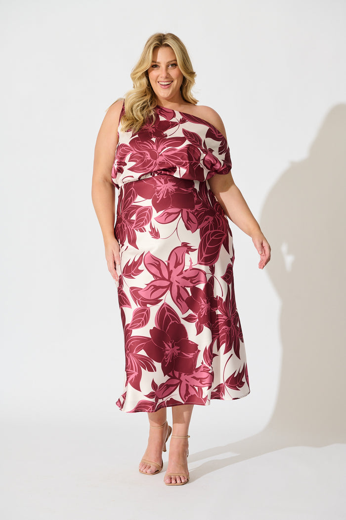 Bloom Aura Off Shoulder Maxi Dress in Red Floral curve