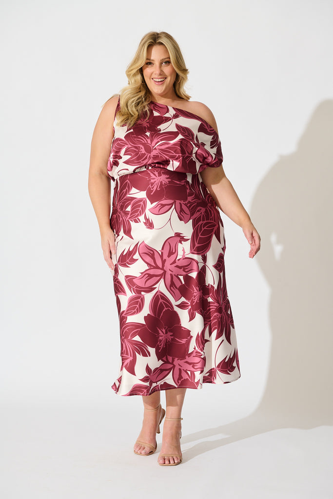 Bloom Aura Off Shoulder Maxi Dress in Red Floral curve