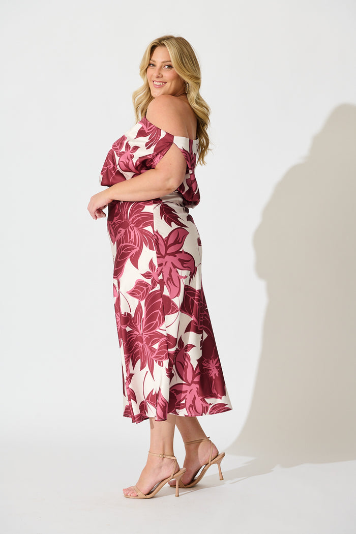 Bloom Aura Off Shoulder Maxi Dress in Red Floral side