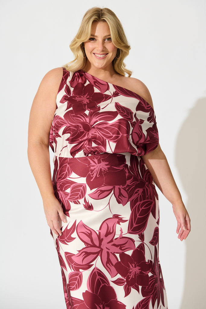 Bloom Aura Off Shoulder Maxi Dress in Red Floral front