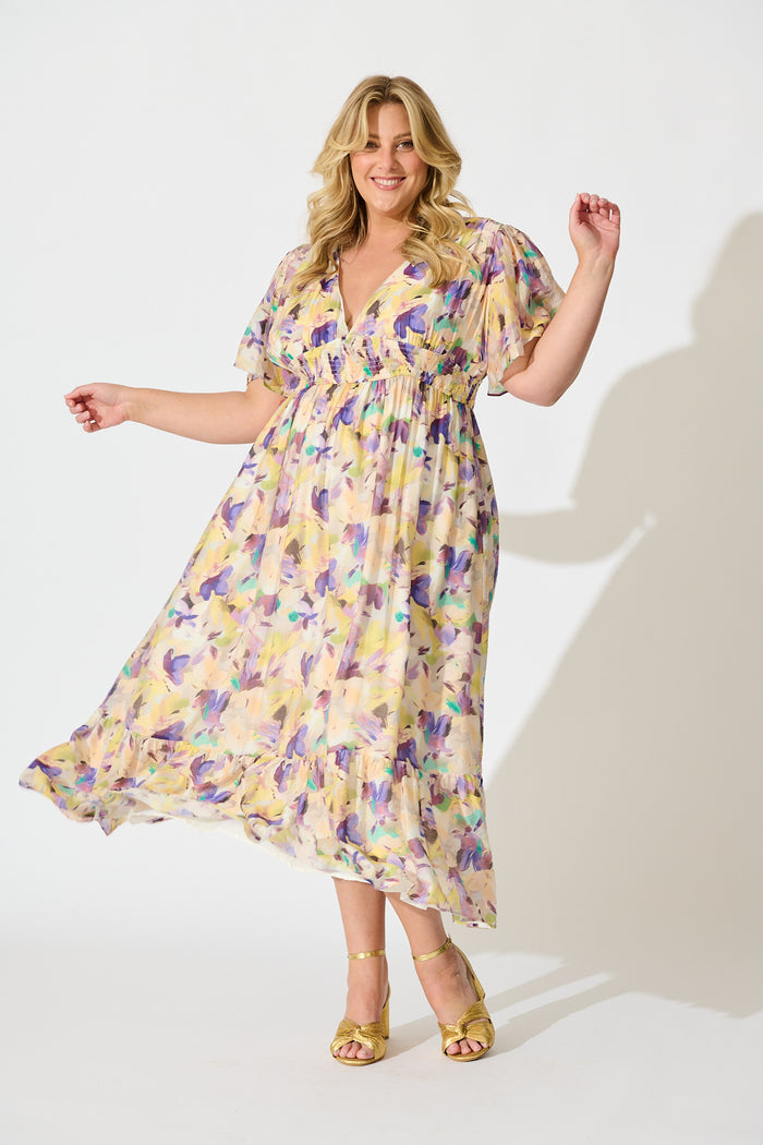 Amara Petal Midi Dress in Mustard Multi Watercolour Floral curve