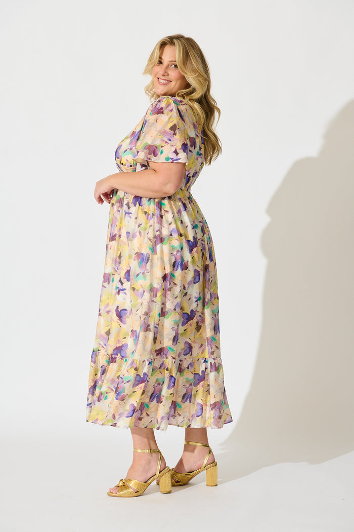 Amara Petal Midi Dress in Mustard Multi Watercolour Floral side