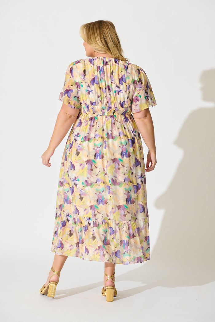 Amara Petal Midi Dress in Mustard Multi Watercolour Floral back