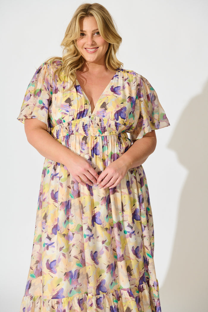 Amara Petal Midi Dress in Mustard Multi Watercolour Floral front