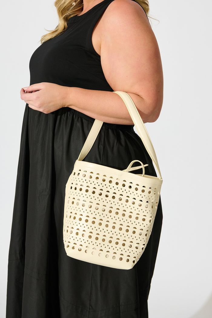 Bianca Tote Bag in White Laser Cut on model side