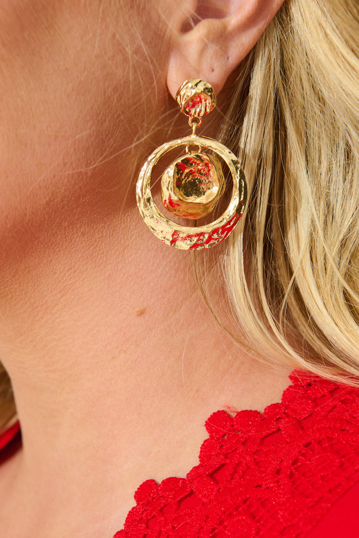Maren Circle Drop Earrings in Gold Textured on model close up