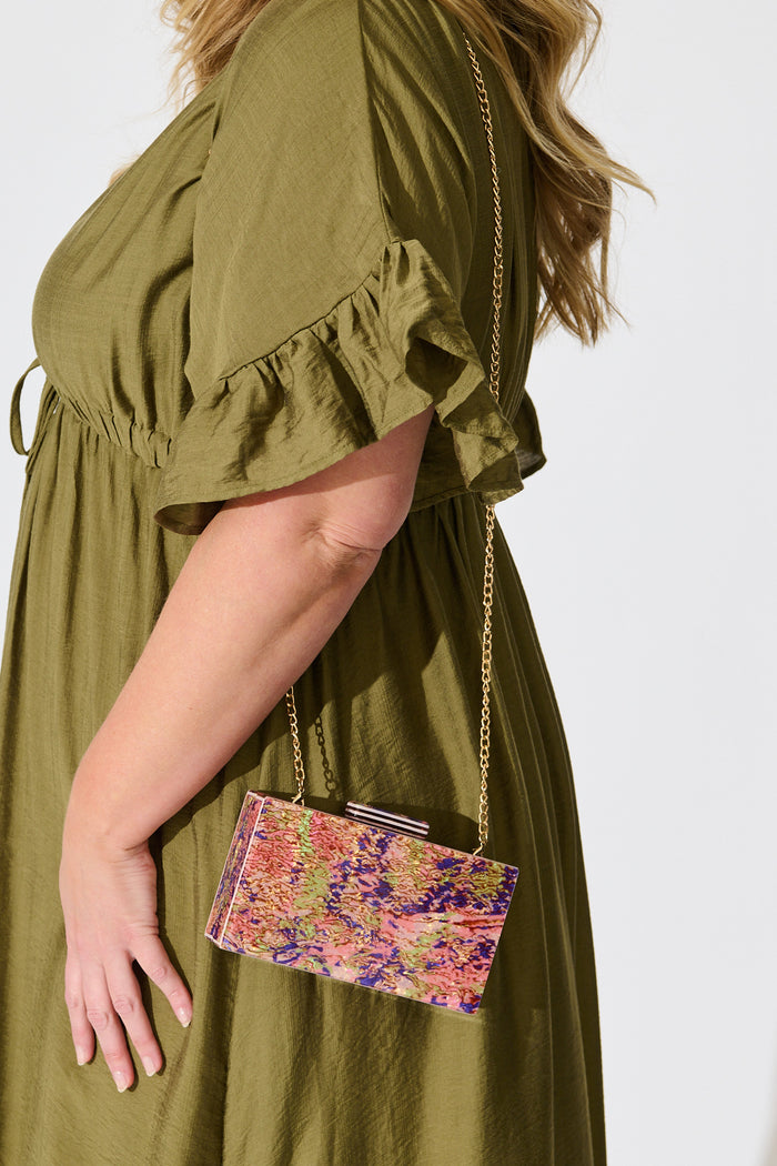 Sabrina Resin Clutch in Multi Confetti with Chain on model side