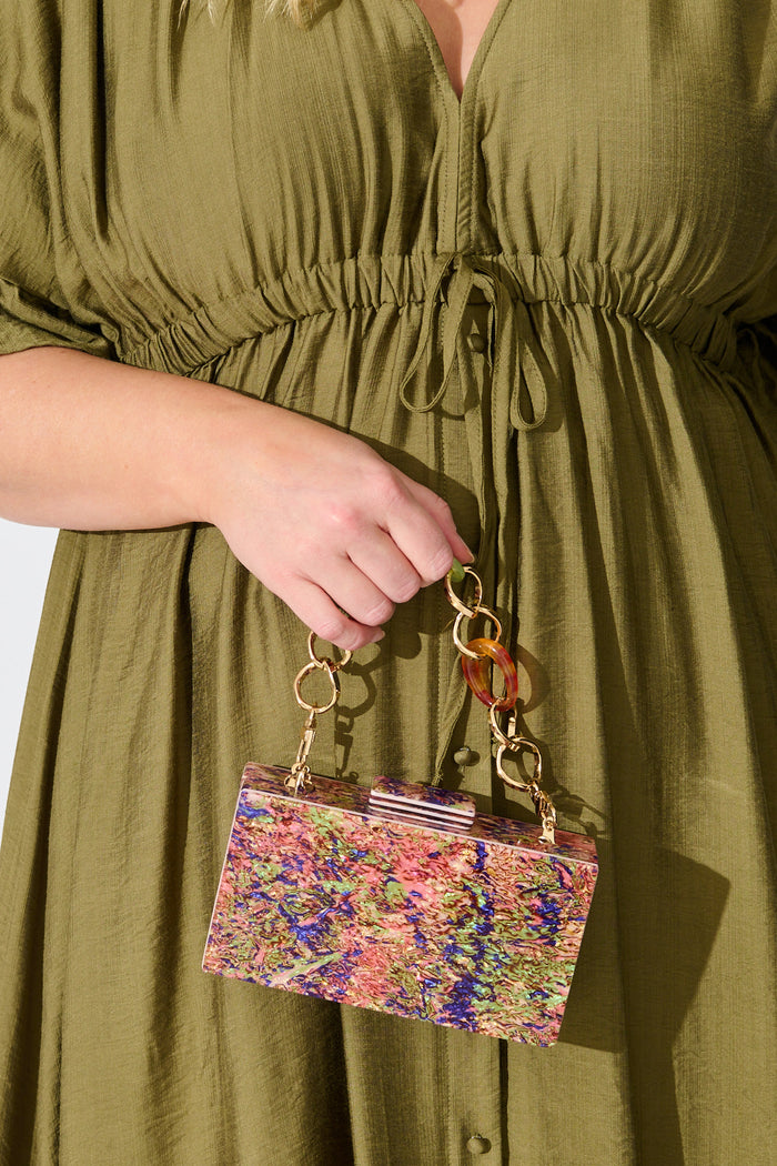Sabrina Resin Clutch in Multi Confetti with Chain on model front