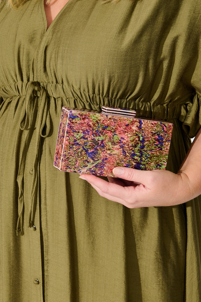 Sabrina Resin Clutch in Multi Confetti with Chain on model front