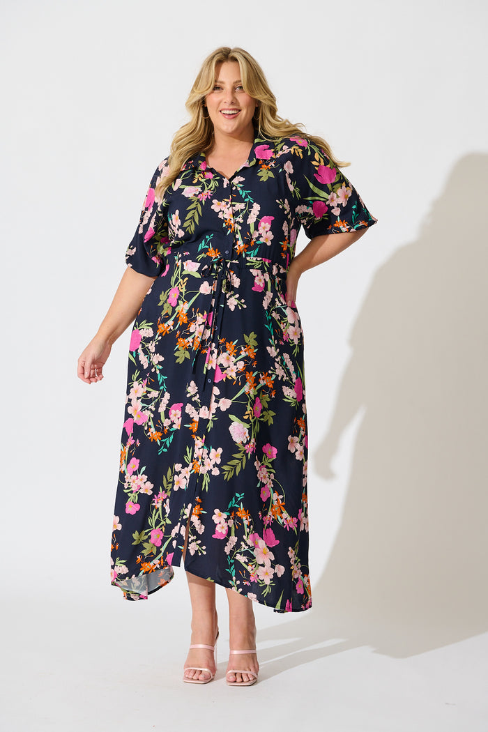 Isla Botanica Midi Shirt Dress in Navy Multi Floral curve