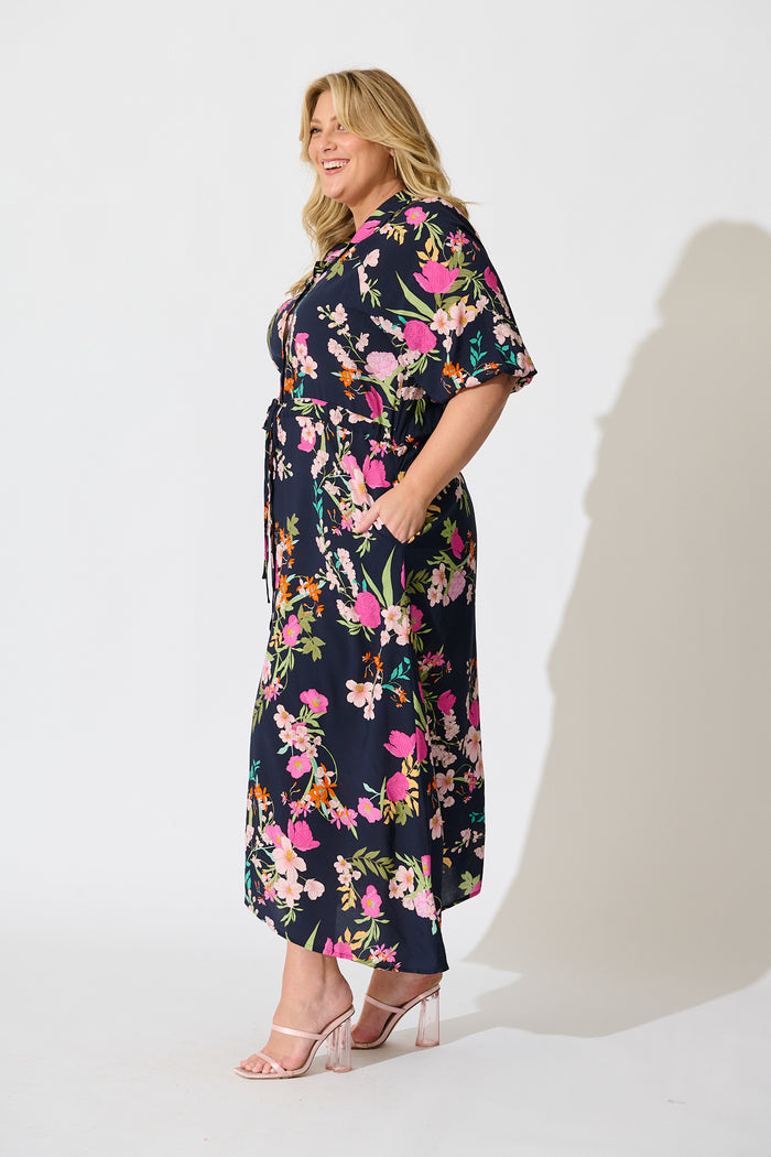 Isla Botanica Midi Shirt Dress in Navy Multi Floral side
