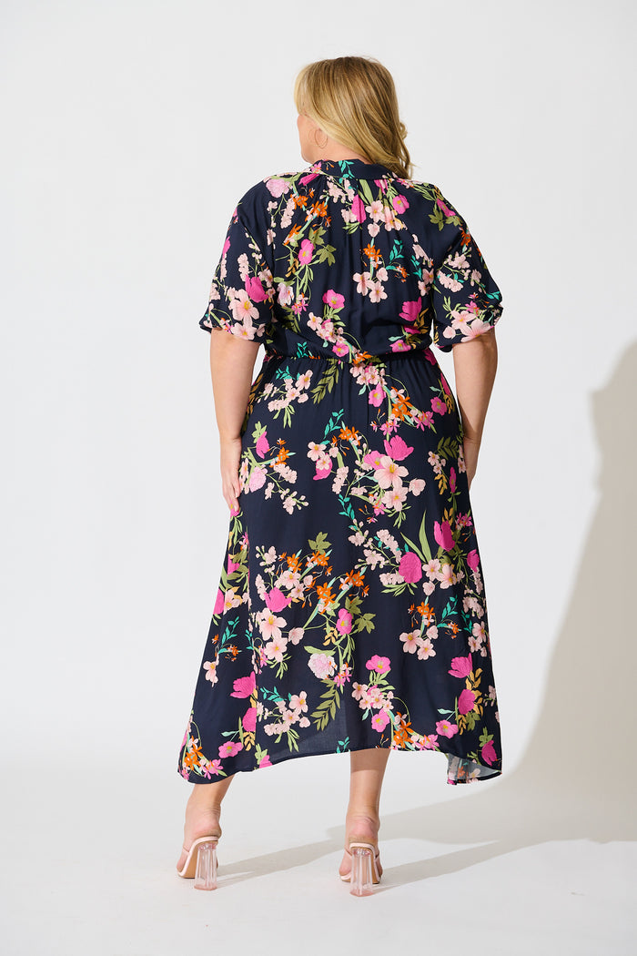 Isla Botanica Midi Shirt Dress in Navy Multi Floral back