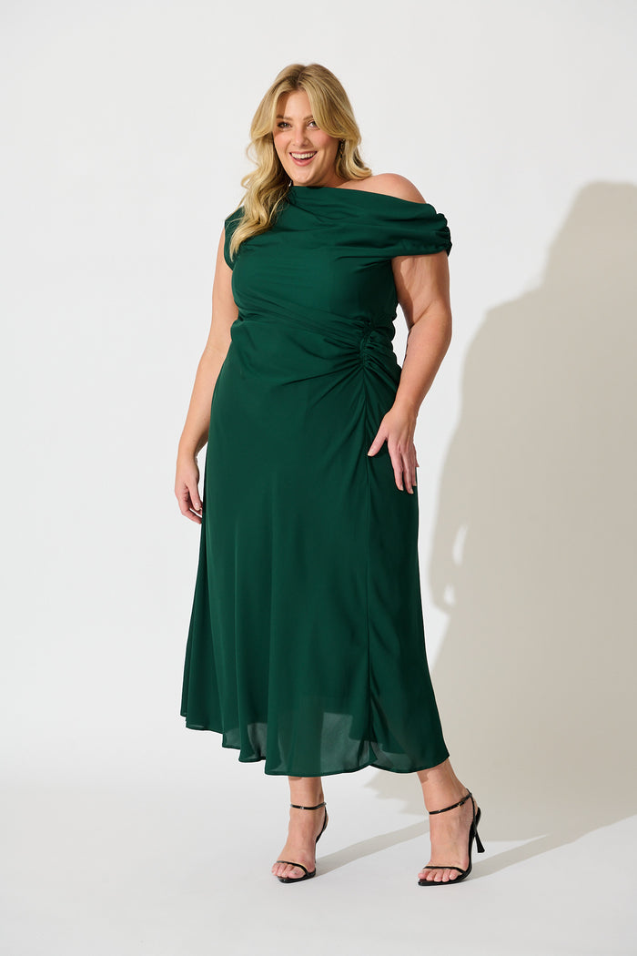 Marielle Off Shoulder Maxi Dress in Emerald Chiffon curve