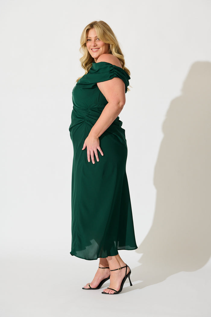 Marielle Off Shoulder Maxi Dress in Emerald Chiffon side
