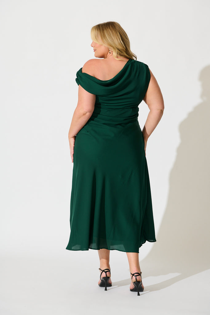 Marielle Off Shoulder Maxi Dress in Emerald Chiffon back