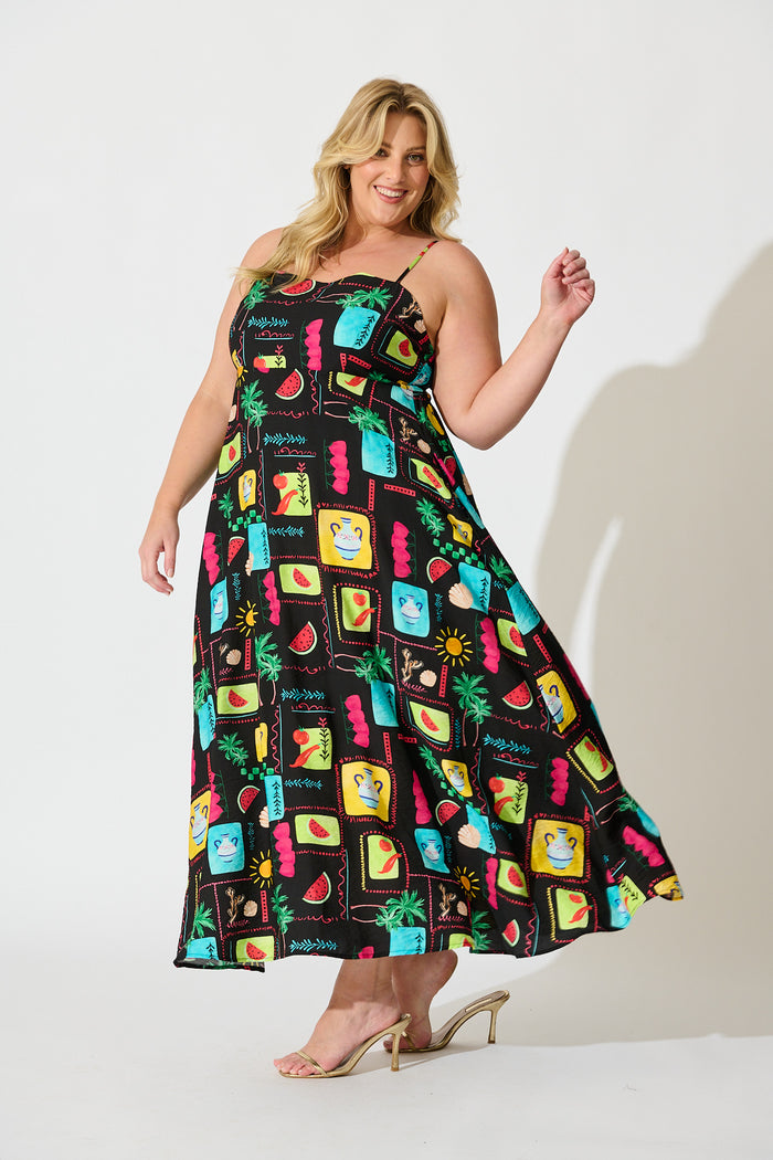 Moa Maxi Sundress in Black Multi Patchwork Linen Blend side