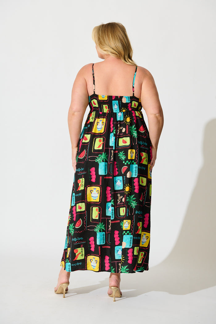 Moa Maxi Sundress in Black Multi Patchwork Linen Blend back