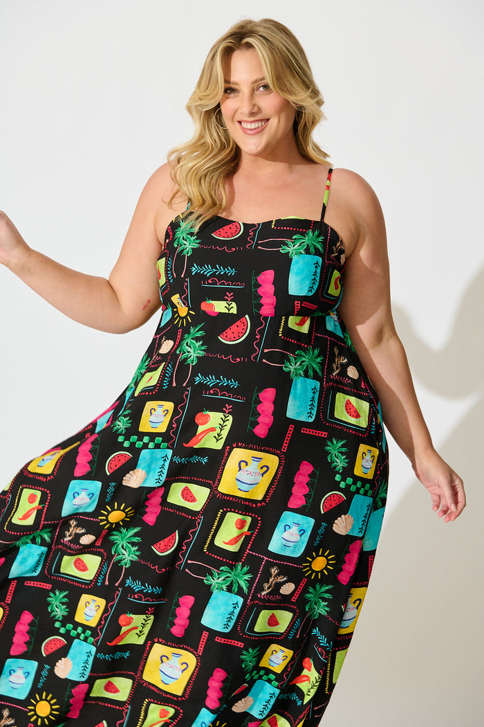 Moa Maxi Sundress in Black Multi Patchwork Linen Blend front