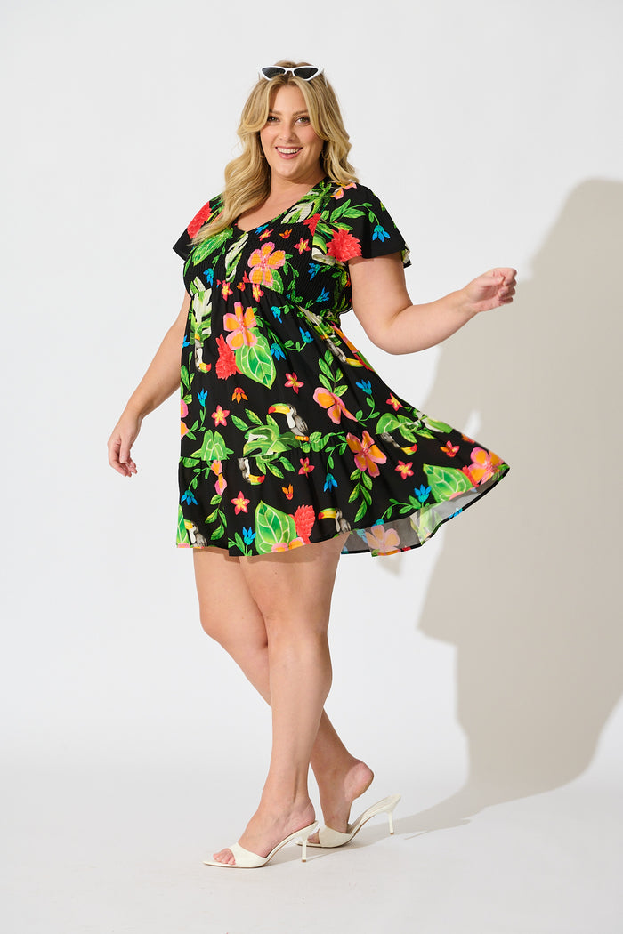 Island Escape Dress in Black with Multi Tropical Print side