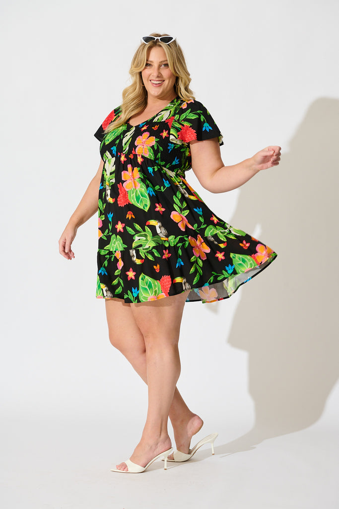 Island Escape Dress in Black with Multi Tropical Print side