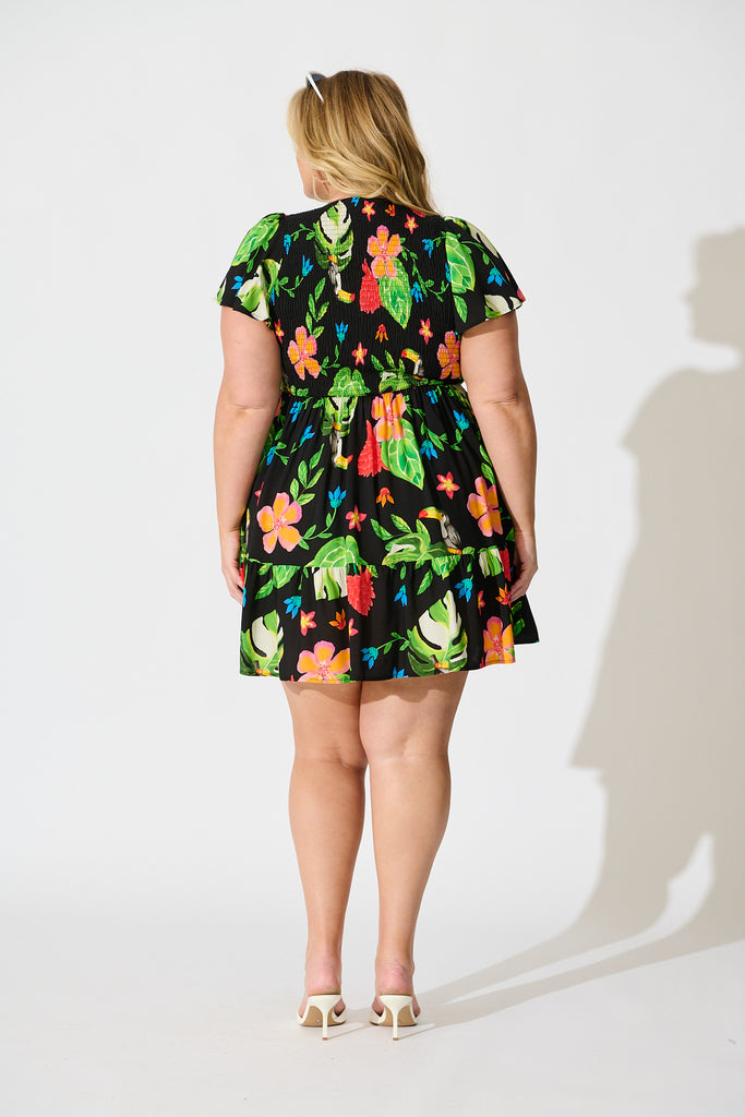 Island Escape Dress in Black with Multi Tropical Print back