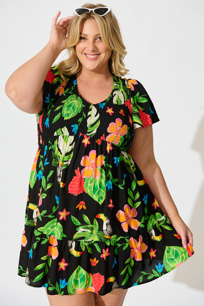 Island Escape Dress in Black with Multi Tropical Print front