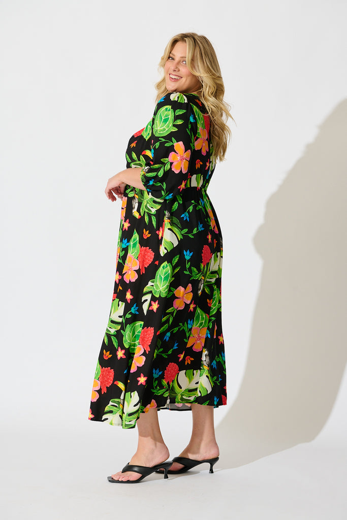 Island Tropic Maxi Dress in Black with Multi Tropical Print side