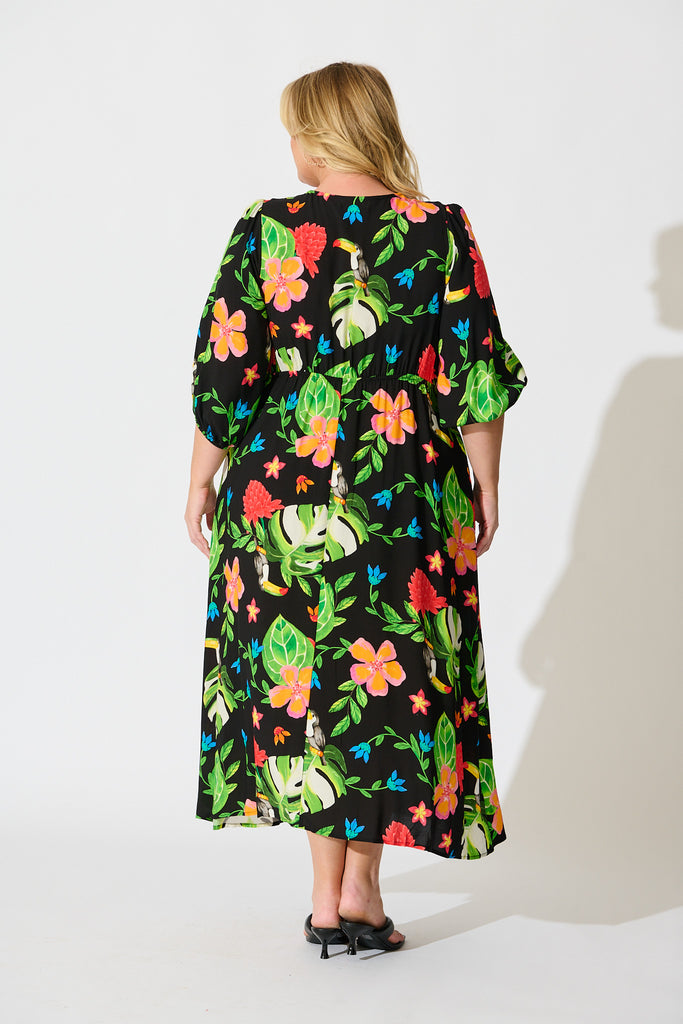 Island Tropic Maxi Dress in Black with Multi Tropical Print back