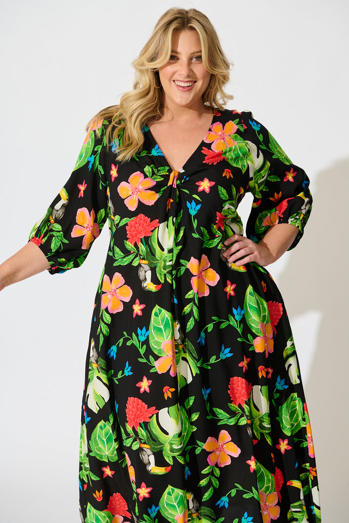 Island Tropic Maxi Dress in Black with Multi Tropical Print front