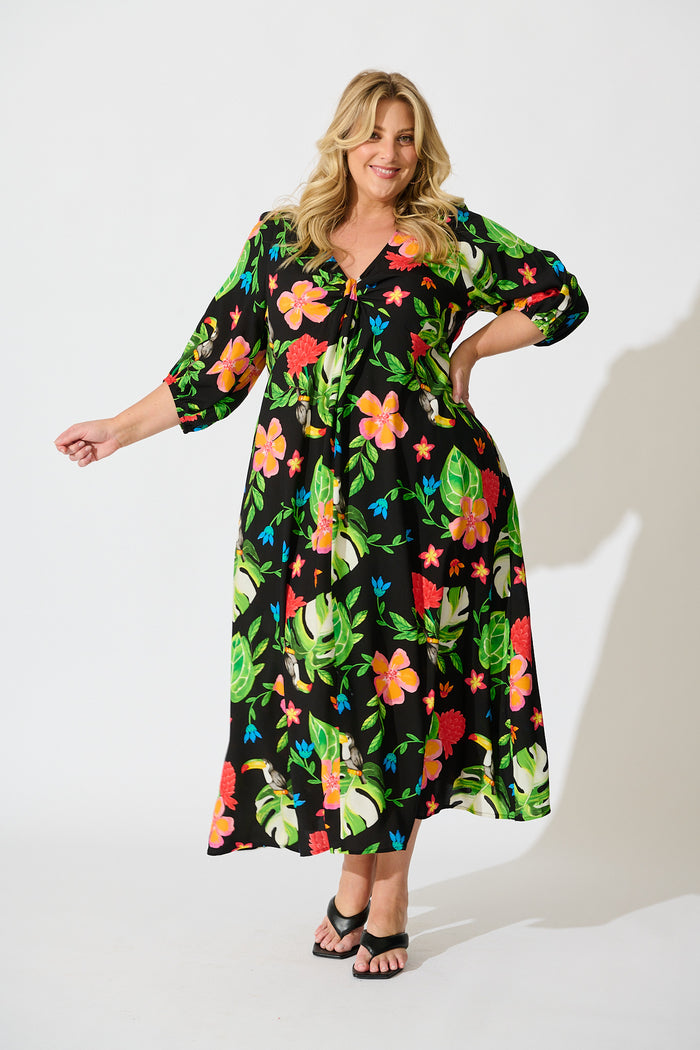Island Tropic Maxi Dress in Black with Multi Tropical Print curve