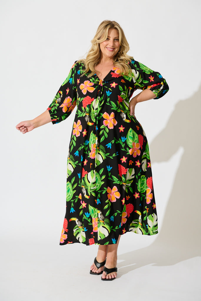 Island Tropic Maxi Dress in Black with Multi Tropical Print curve