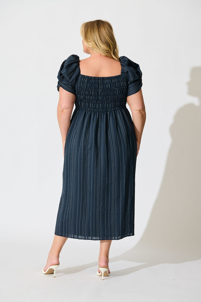 Rouse Midi Dress in Navy with White Stripe Cotton Blend back