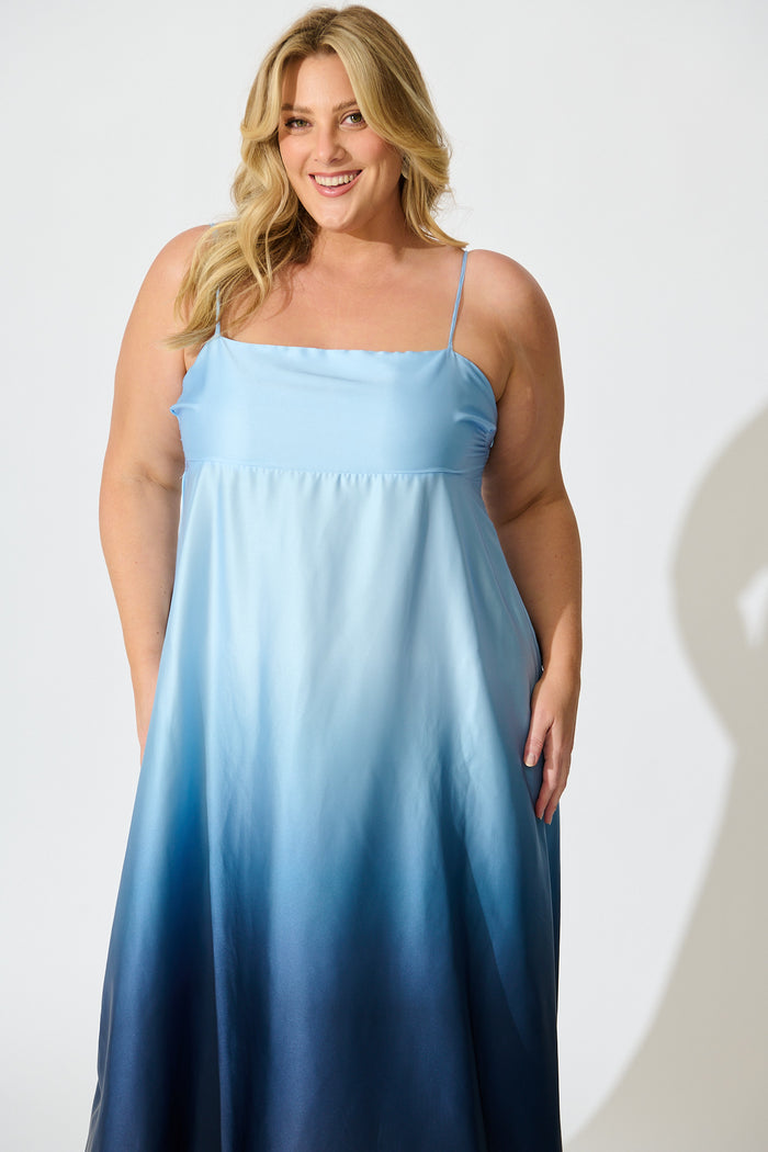 Ombre Muse Maxi Sundress in Blue Satin front