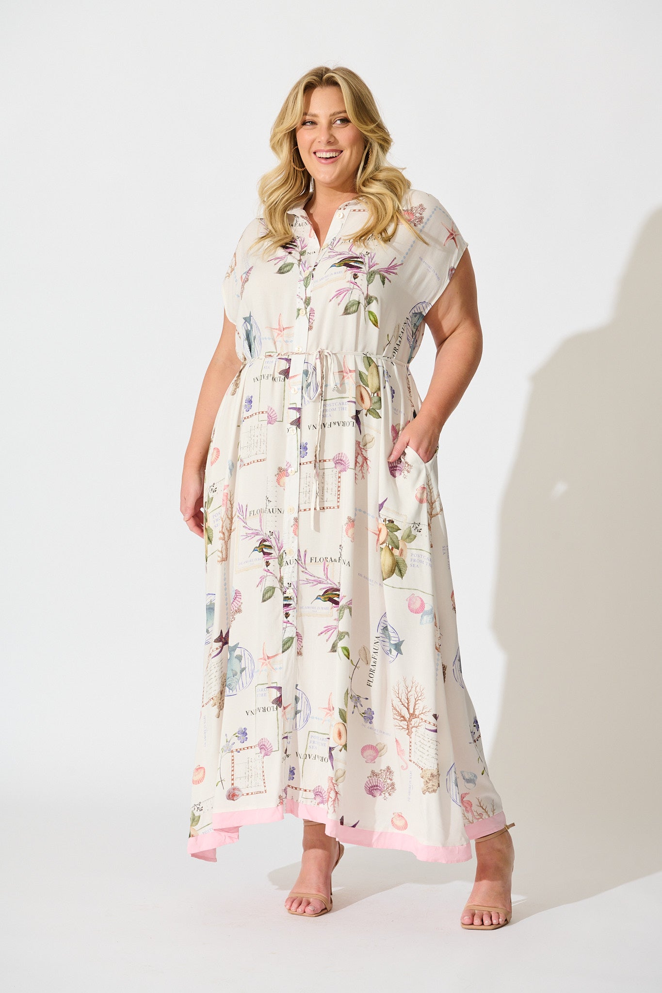 PRE ORDER Seashell Skies Maxi Shirt Dress in White with Multi Shell curve