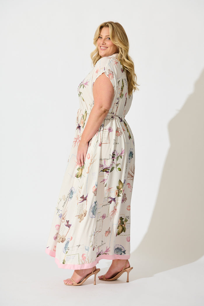 PRE ORDER Seashell Skies Maxi Shirt Dress in White with Multi Shell side